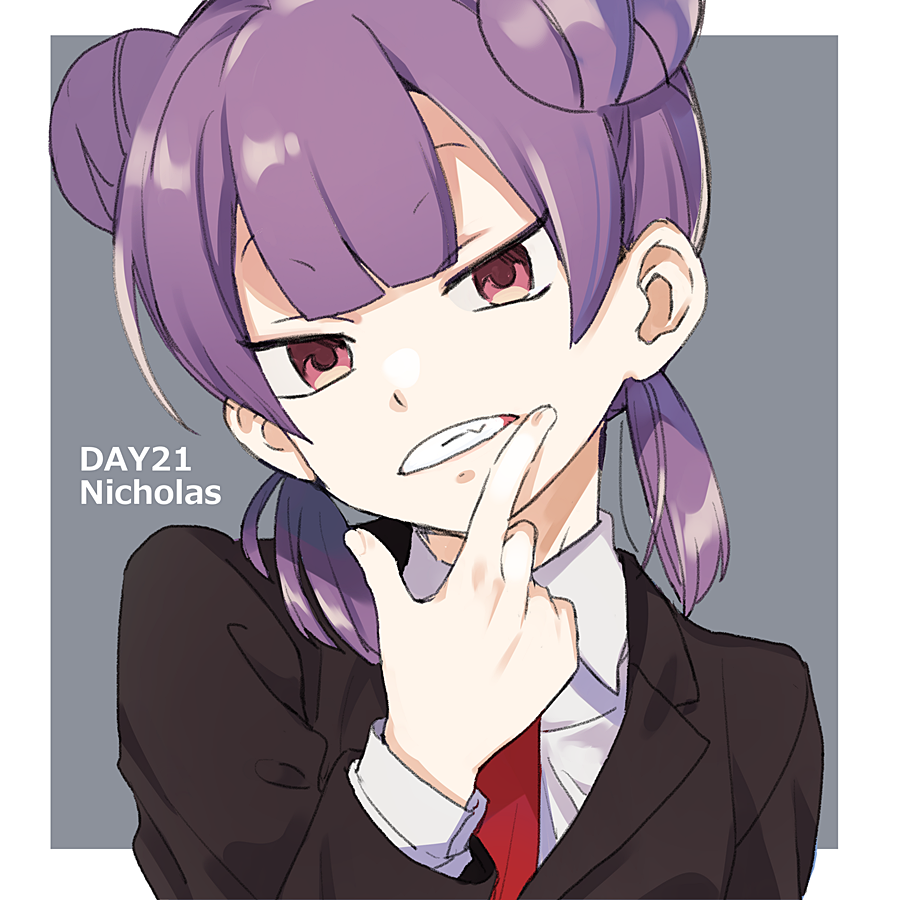 1girl black_jacket clenched_teeth collared_shirt commentary_request double_bun employee_(lobotomy_corporation) finger_to_mouth formal hair_bun jacket lobotomy_corporation long_sleeves looking_at_viewer medu_(rubish) necktie project_moon purple_hair red_eyes red_necktie shirt short_twintails solo suit teeth twintails white_shirt