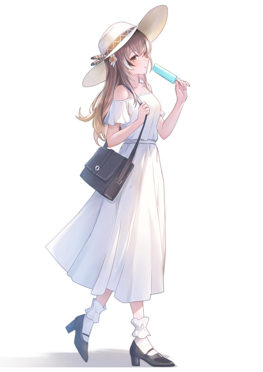 1girl alternate_costume bag bare_shoulders blush brown_eyes brown_hair commentary crossed_bangs dress english_commentary feathers flower food frilled_socks frills hair_flower hair_ornament hat high_heels hololive hololive_english long_hair nanashi_mumei popsicle sidelocks simple_background socks solo sun_hat sundress tokisaka_makoto virtual_youtuber walking white_background white_dress