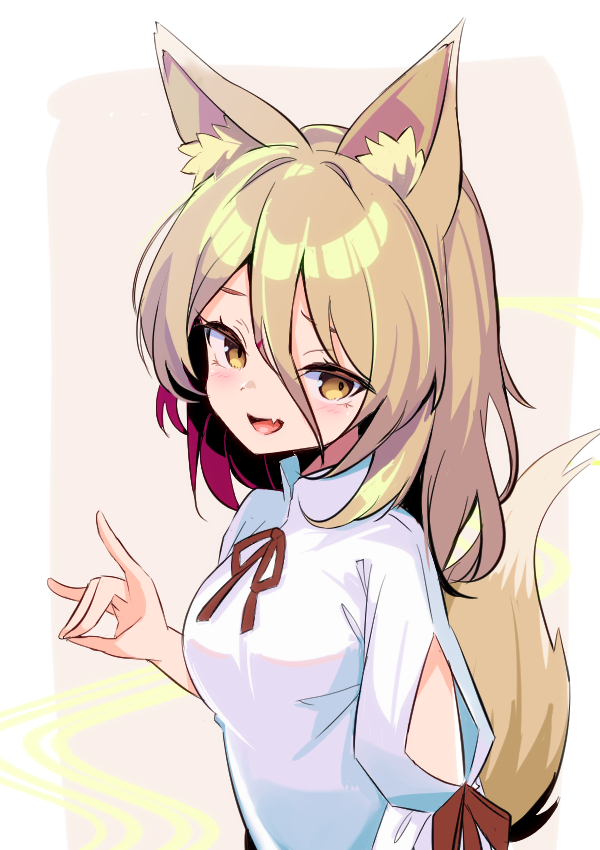 1girl animal_ear_fluff animal_ears blonde_hair blush brown_ribbon fang fox_ears fox_shadow_puppet fox_tail harakune_(mugennero) kudamaki_tsukasa open_mouth ribbon short_hair skin_fang solo tail touhou upper_body white_romper yellow_eyes