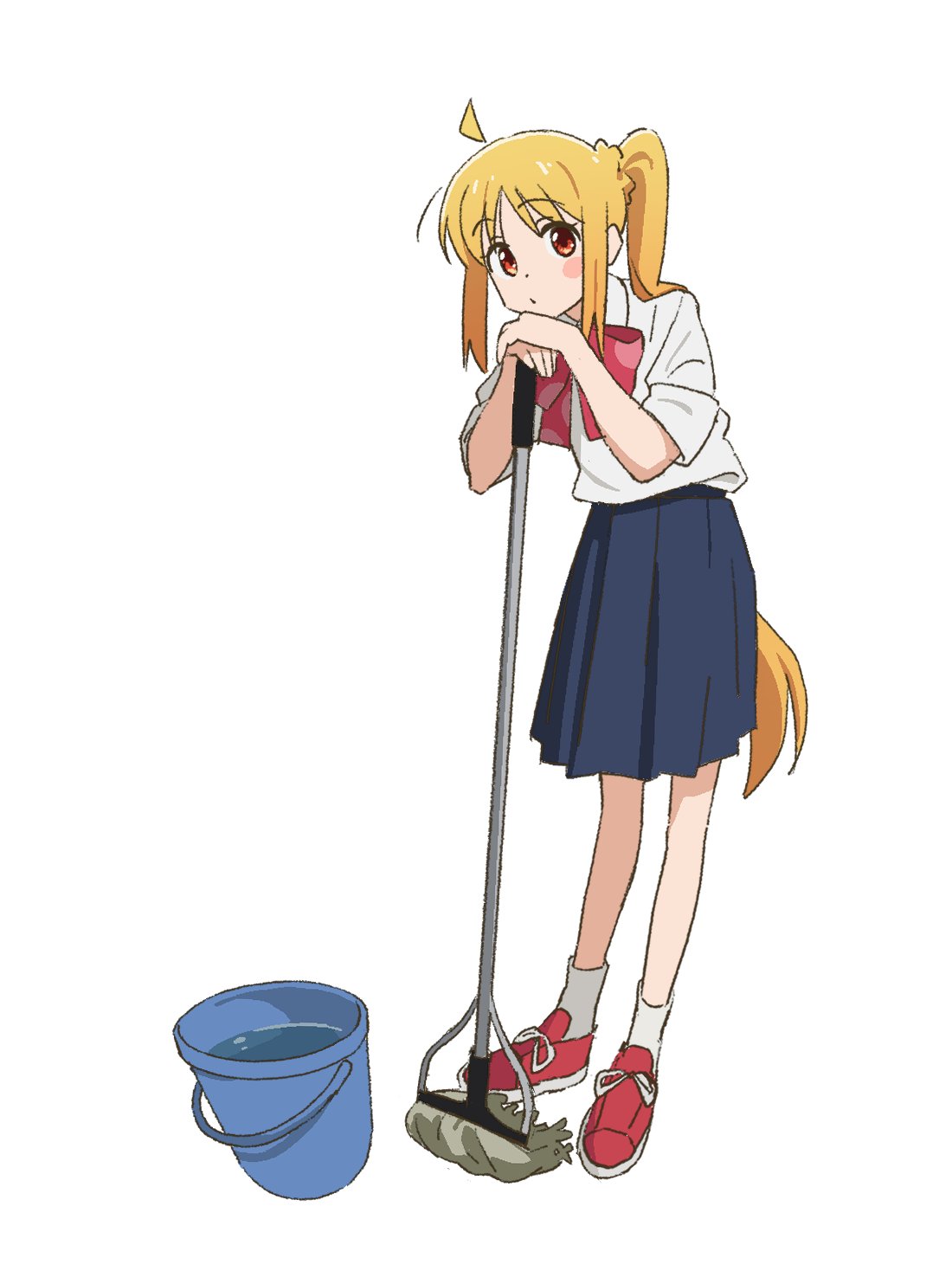 1girl ahoge blonde_hair blue_skirt blush_stickers bocchi_the_rock! bow bowtie broom bucket bucket_of_water detached_ahoge dot_nose full_body highres holding holding_broom ijichi_nijika long_hair long_sleeves maring_song planted pleated_skirt polka_dot polka_dot_bow polka_dot_bowtie red_bow red_bowtie red_eyes red_footwear school_uniform shimokitazawa_high_school_uniform shirt shirt_tucked_in side_ponytail simple_background skirt sleeves_rolled_up standing white_background white_shirt