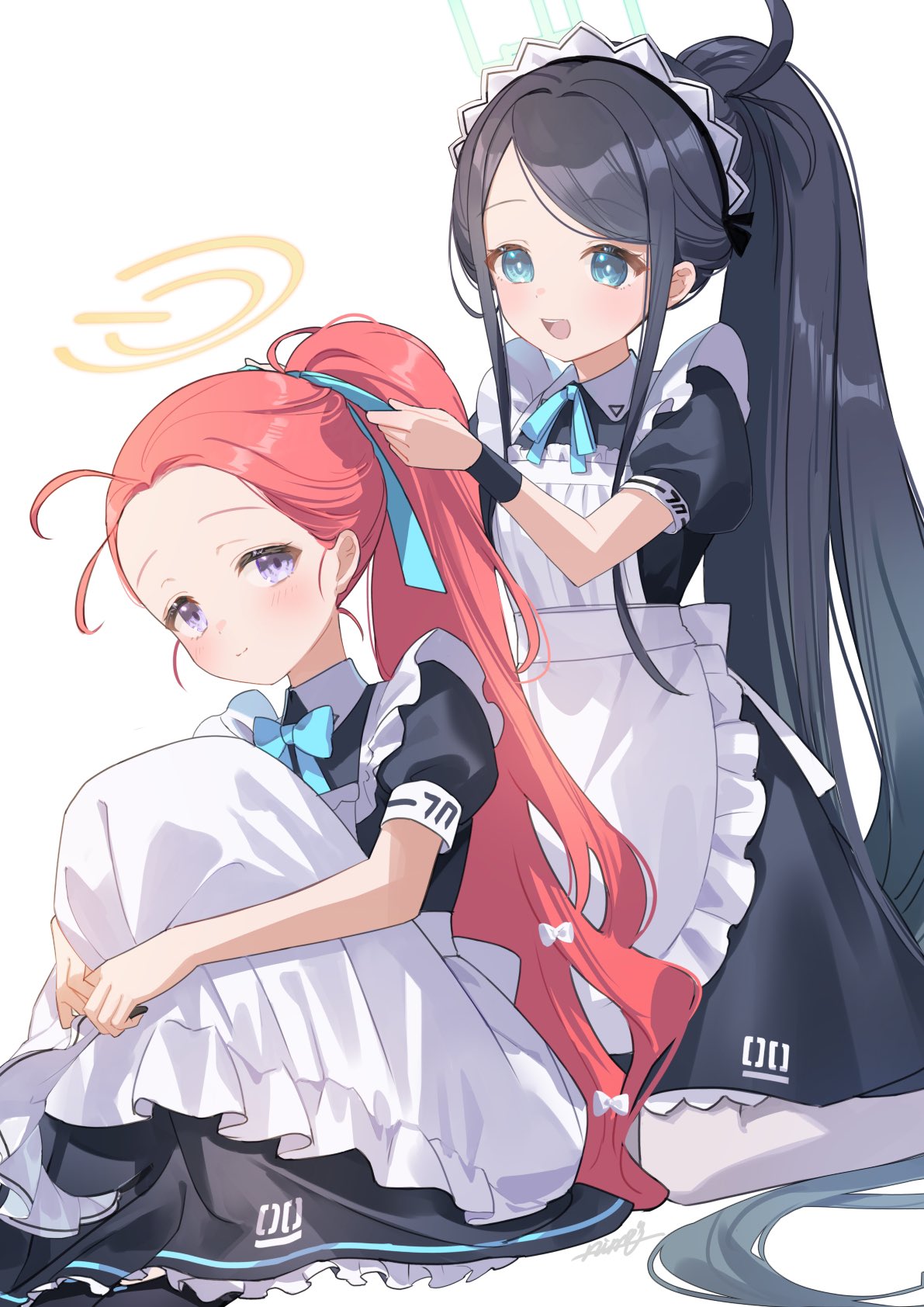 2girls apron aris_(blue_archive) aris_(maid)_(blue_archive) black_dress black_hair blue_archive blue_bow blue_eyes blue_ribbon bow closed_mouth dress halo highres knees_up long_hair looking_at_another looking_back maid maid_apron maid_headdress multiple_girls nima_(niru54) official_alternate_costume open_mouth ponytail redhead ribbon short_sleeves simple_background sitting smile tying_panties very_long_hair violet_eyes white_background yuzu_(blue_archive) yuzu_(maid)_(blue_archive)