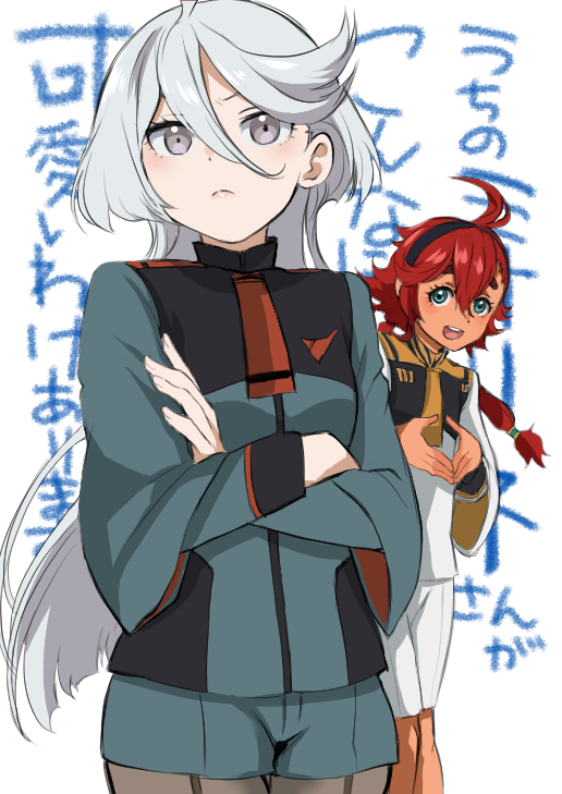 2girls asticassia_school_uniform can't_be_this_cute commentary_request crossed_arms grey_eyes grey_hair gundam gundam_suisei_no_majo hair_between_eyes long_hair looking_at_viewer miorine_rembran multiple_girls pantyhose redhead school_uniform suletta_mercury translation_request white_background yamatomoti