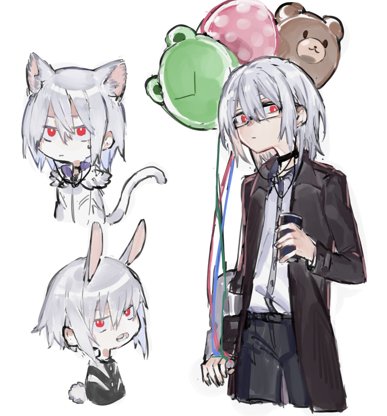 1boy accelerator_(toaru_majutsu_no_index) albino androgynous balloon black_choker black_coat black_pants can canned_coffee cat_boy chibi choker coat collared_shirt electrodes glasses highres holding holding_balloon holding_can kemonomimi_mode long_sleeves looking_at_viewer multiple_views official_alternate_costume pale_skin pants rabbit_boy red_eyes sanpaku shirt short_hair sketch standing toaru_majutsu_no_index white_background white_hair white_shirt yumesakafue