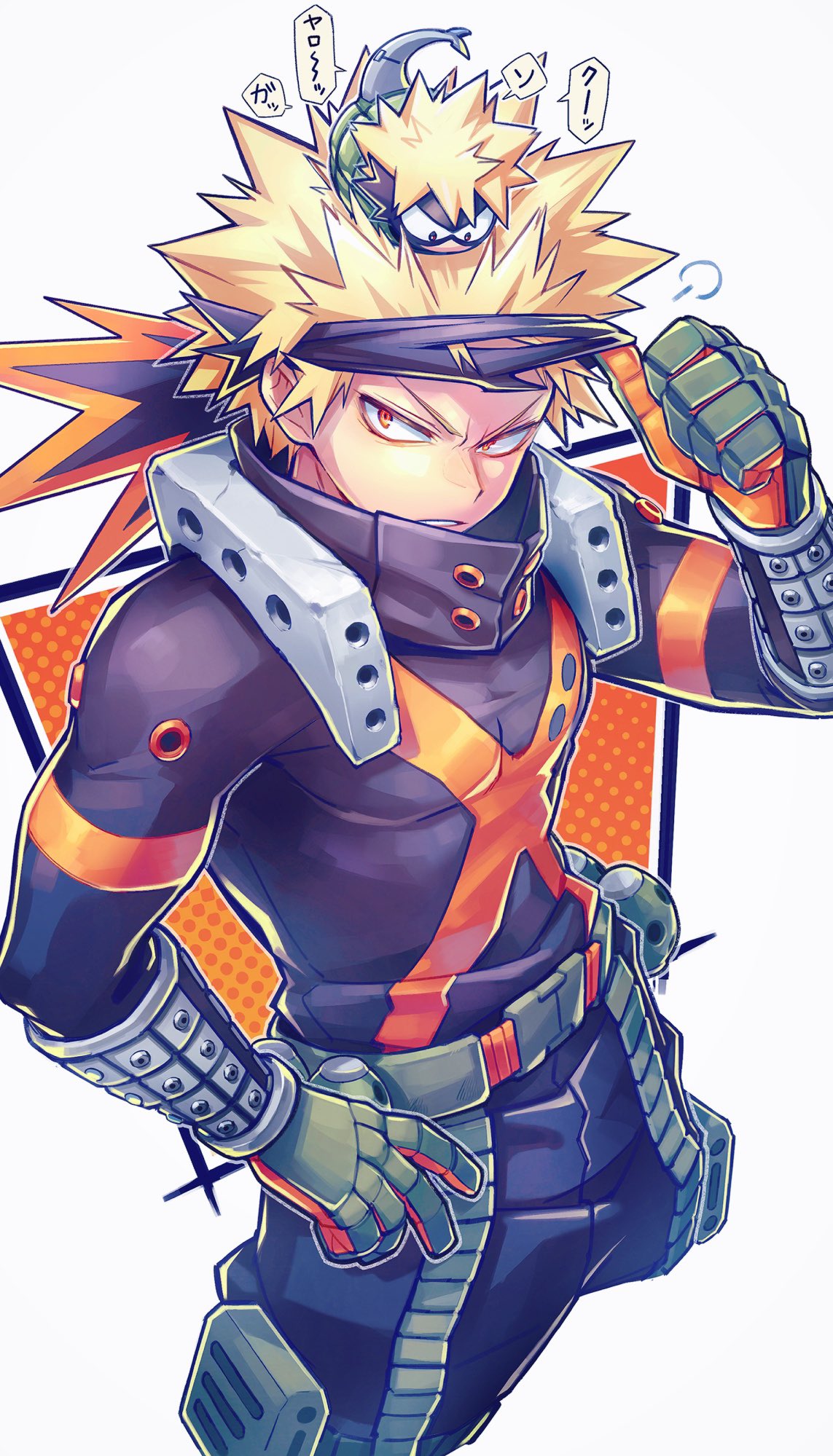 1boy bakugou_katsuki belt black_pants black_shirt blonde_hair boku_no_hero_academia commentary_request explosive eye_mask gauntlets gloves green_belt green_gloves grenade hand_on_own_hip hand_up highres long_sleeves looking_at_viewer male_focus mask mask_pull mecyo_(mamezurushiki) on_head orange_background orange_gloves pants parted_lips pouch red_eyes shirt short_hair simple_background speech_bubble spiky_hair translation_request two-tone_gloves v-shaped_eyebrows white_background