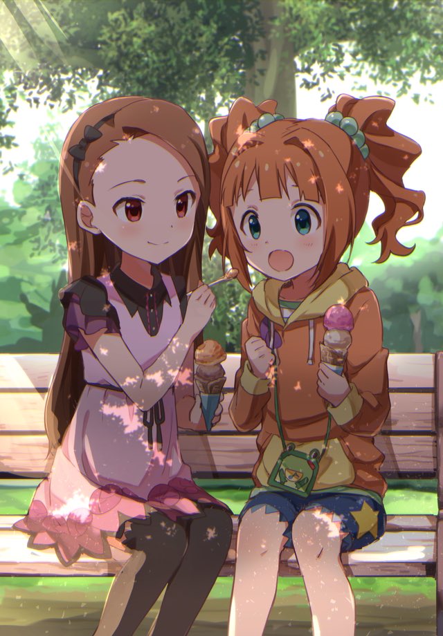 2girls black_hairband black_ribbon black_thighhighs blue_shorts blush bow breasts brown_eyes brown_hair buchi_(y0u0ri_) closed_mouth collarbone day dot_nose dress frog grass green_eyes green_shirt hair_bow hair_ribbon hairband hand_up holding holding_ice_cream holding_spoon hood hood_down hoodie idolmaster idolmaster_(classic) idolmaster_million_live! idolmaster_million_live!_theater_days long_hair looking_at_another minase_iori multiple_girls on_bench open_mouth orange_hoodie outdoors pink_dress print_shorts red_eyes ribbon shadow shirt short_sleeves shorts sitting small_breasts smile spoon star_(symbol) star_print striped striped_shirt sunlight takatsuki_yayoi thigh-highs tree twintails wallet