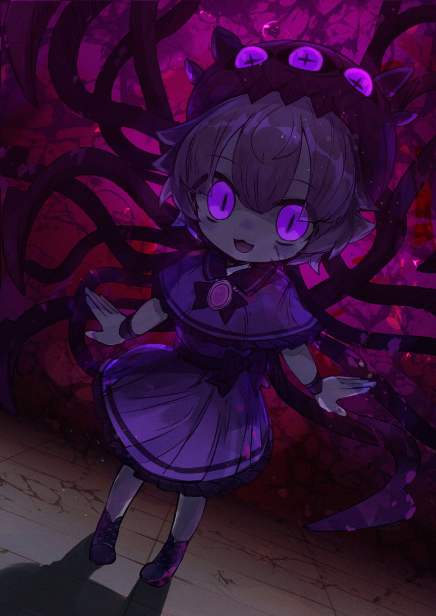 1girl :3 blood blood_on_clothes blush bow cross-shaped_pupils crossed_bangs dress dress_bow eyeball_hair_ornament frilled_dress frills full_body gem hat headgear highres jewelry ketopon long_bangs looking_at_viewer nose_blush open_mouth original pink_blood purple_background purple_bow purple_dress purple_footwear purple_gemstone purple_hair ribbon shoes short_hair sleeveless slit_pupils smile solo standing symbol-shaped_pupils tentacles tile_floor tiles violet_eyes wrist_ribbon
