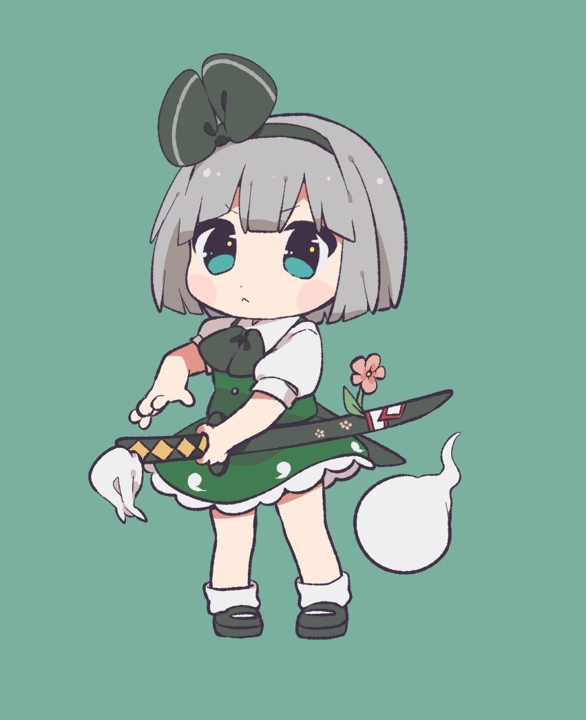 angry black_bow black_bowtie black_footwear black_hairband black_ribbon blue_eyes bob_cut bow bow_hairband bowtie check_commentary chibi citrus_(place) collared_shirt commentary commentary_request fighting_stance frilled_skirt frills frown green_background green_skirt green_vest grey_hair hair_ribbon hairband hitodama_print holding holding_sword holding_weapon katana konpaku_youmu konpaku_youmu_(ghost) mary_janes puffy_short_sleeves puffy_sleeves ready_to_draw ribbon scabbard sheath shirt shoes short_hair short_sleeves skirt skirt_set socks sword touhou vest weapon white_shirt white_socks