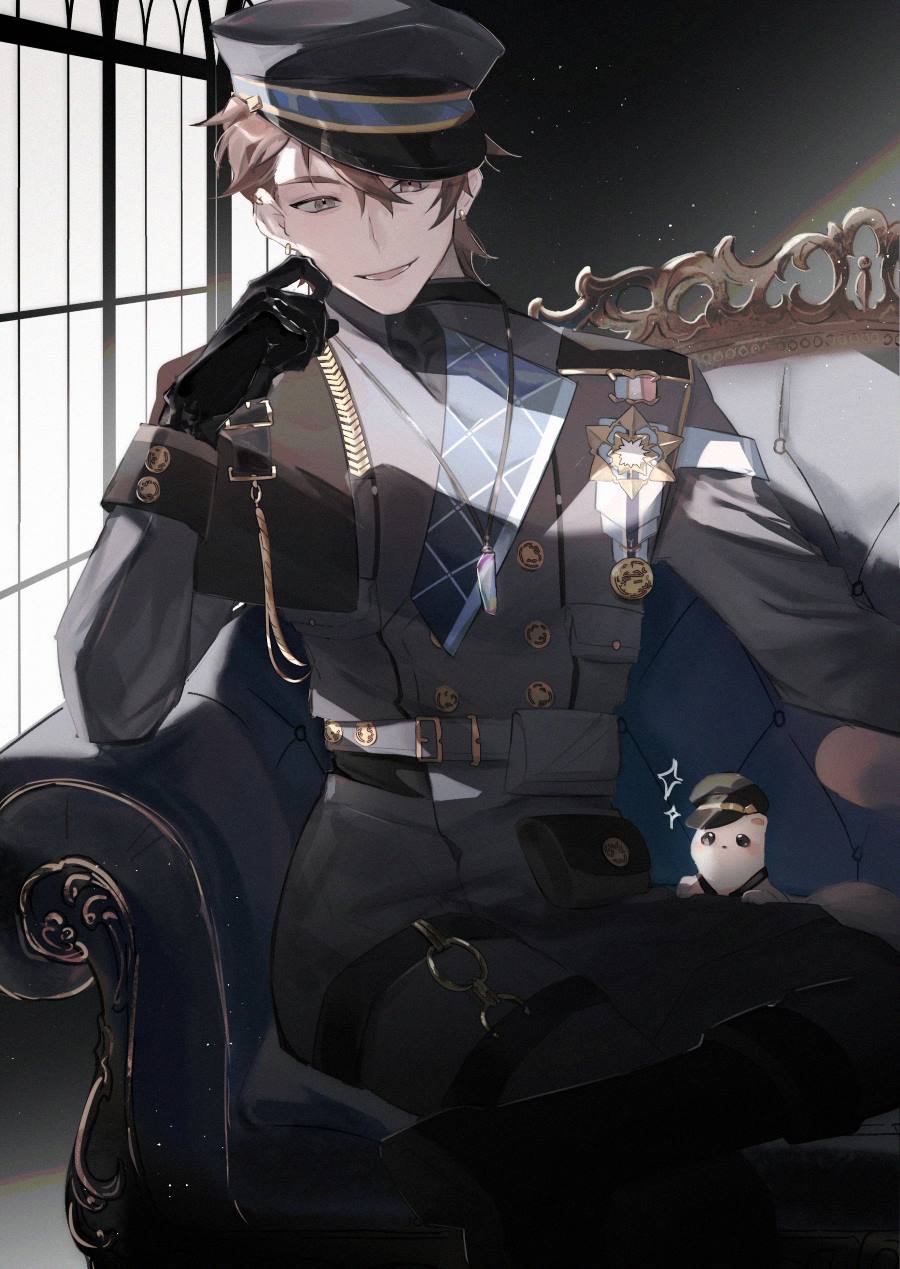 1boy bishounen black_gloves black_headwear eiden_(nu_carnival) ermine gloves hat highres jewelry long_sleeves male_focus military military_hat military_uniform mmm_yu72 necklace nu_carnival peaked_cap short_hair sitting topper_(nu_carnival) uniform weasel