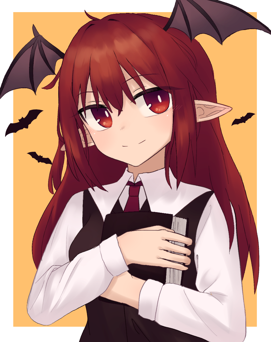 1girl bat_(animal) book breasts bright_pupils head_wings holding holding_book koakuma light_smile long_hair medium_breasts necktie orange_background pointy_ears red_eyes red_necktie redhead simple_background solo strangenovel touhou very_long_hair wings