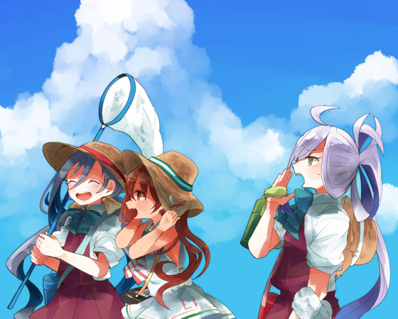 3girls ahoge aqua_bow aqua_bowtie asashimo_(kancolle) blue_hair blush bow bowtie brown_eyes brown_hair butterfly_net closed_eyes clouds cloudy_sky collared_shirt day dress fang grey_eyes grey_hair hand_net hat holding holding_butterfly_net itomugi-kun kantai_collection kiyoshimo_(kancolle) libeccio_(kancolle) long_hair low_twintails multicolored_hair multiple_girls neckerchief open_mouth outdoors pleated_dress purple_dress sailor_dress shirt short_sleeves skin_fang sky sleeveless sleeveless_dress smile sun_hat twintails white_dress white_shirt