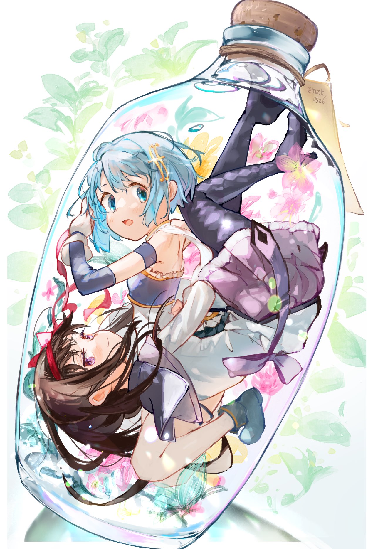 2girls akemi_homura argyle argyle_legwear bare_shoulders black_hair blue_eyes blue_footwear blue_hair blush boots bottle bow cape detached_sleeves flower glass_bottle gloves hair_between_eyes hair_bow hair_ornament highres in_bottle in_container light_smile long_hair looking_at_viewer magical_girl mahou_shoujo_madoka_magica miki_sayaka multiple_girls musical_note musical_note_hair_ornament mzk0526 open_mouth pantyhose red_ribbon ribbon short_hair shoulder_blades skirt smile thigh-highs violet_eyes white_cape white_gloves