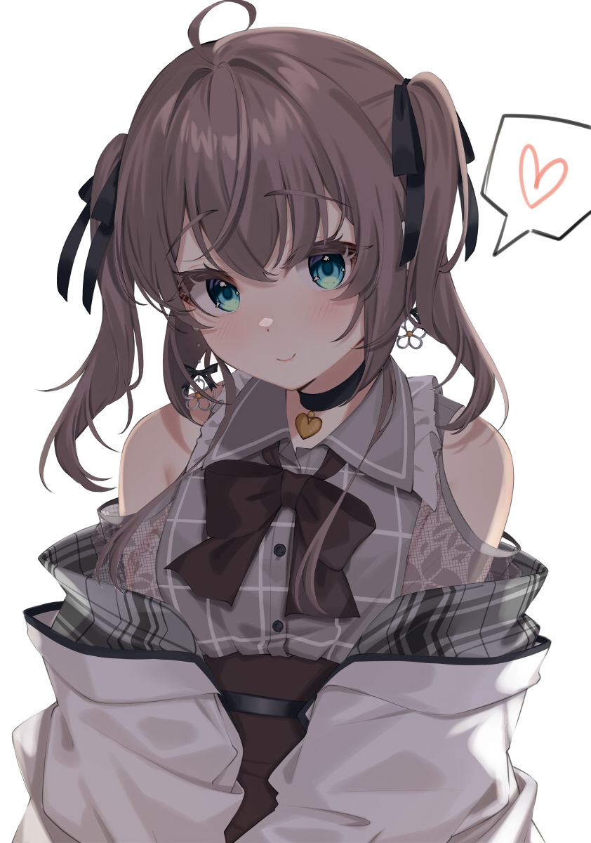 1girl ahoge aqua_eyes black_bow black_bowtie black_choker black_ribbon blush bow bowtie breasts brown_hair brown_skirt choker closed_mouth clothing_cutout collared_shirt commentary crossed_bangs earrings erubusubori flower_earrings grey_shirt hair_between_eyes hair_ribbon heart heart_choker high-waist_skirt highres hololive jacket jewelry lace lace_sleeves medium_hair natsuiro_matsuri natsuiro_matsuri_(5th_costume) official_alternate_costume plaid plaid_shirt puffy_short_sleeves puffy_sleeves ribbon see-through see-through_sleeves shirt short_sleeves shoulder_cutout simple_background skirt small_breasts smile solo speech_bubble spoken_heart twintails variant_set virtual_youtuber white_background white_jacket