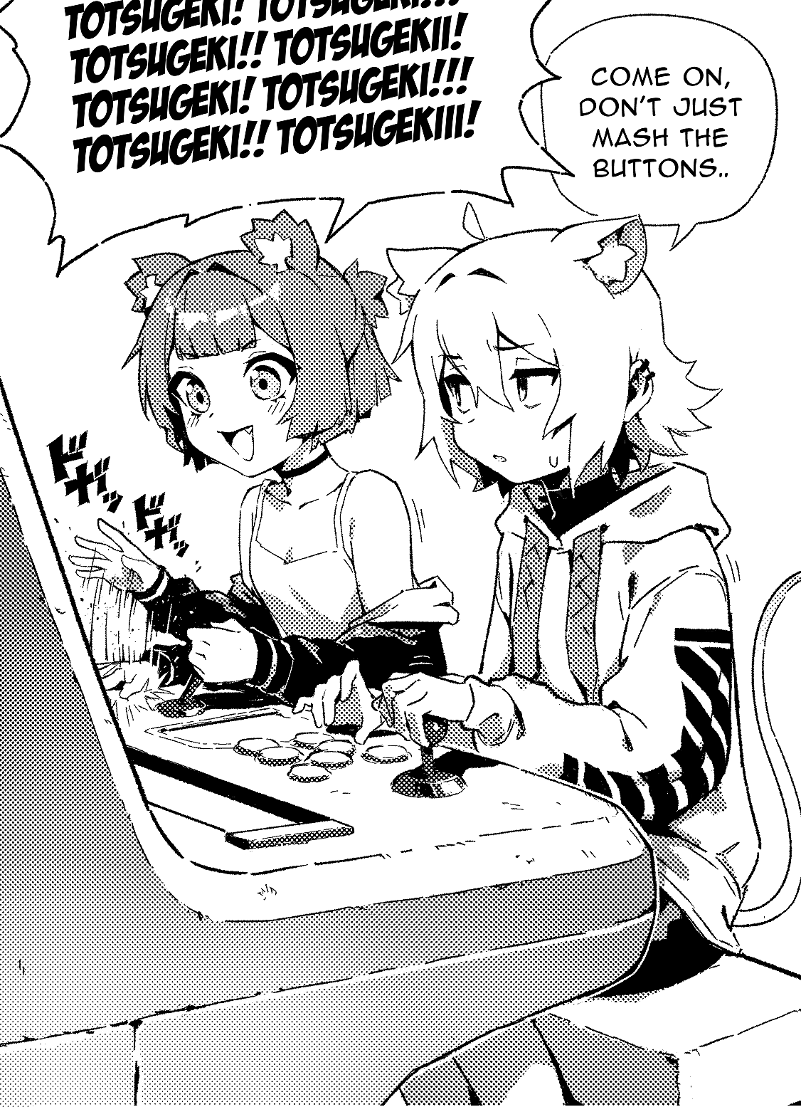 2girls :d animal_ears arcade_cabinet camisole cat_ears cat_tail choker commentary controller drawstring earclip english_commentary english_text fang gameplay_mechanics greyscale gris_(vertigris) guilty_gear guilty_gear_strive highres hood hood_down jacket joystick long_sleeves looking_at_another monochrome multiple_girls off_shoulder original perl_(vertigris) playing_games push-button screentones short_hair shorts sitting smile sound_effects speech_bubble symbol-only_commentary tail vertigris video_game