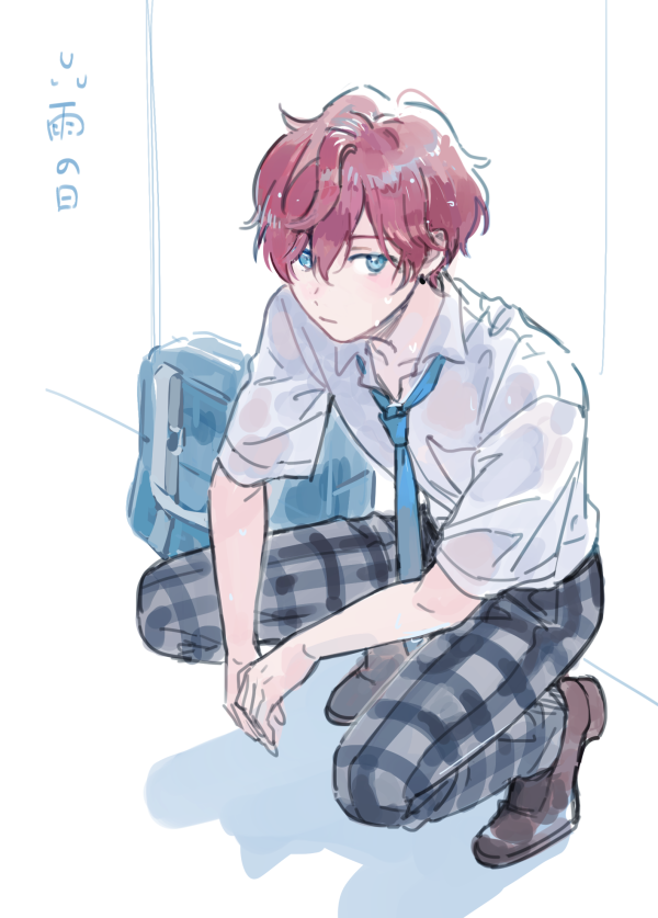 1boy amagi_hiiro aqua_eyes bag blue_necktie brown_footwear closed_mouth collared_shirt earrings ensemble_stars! full_body jewelry looking_at_viewer male_focus necktie pants plaid plaid_pants redhead school_bag school_uniform seuga shirt short_hair short_sleeves solo squatting wet wet_clothes wet_hair wet_shirt white_shirt