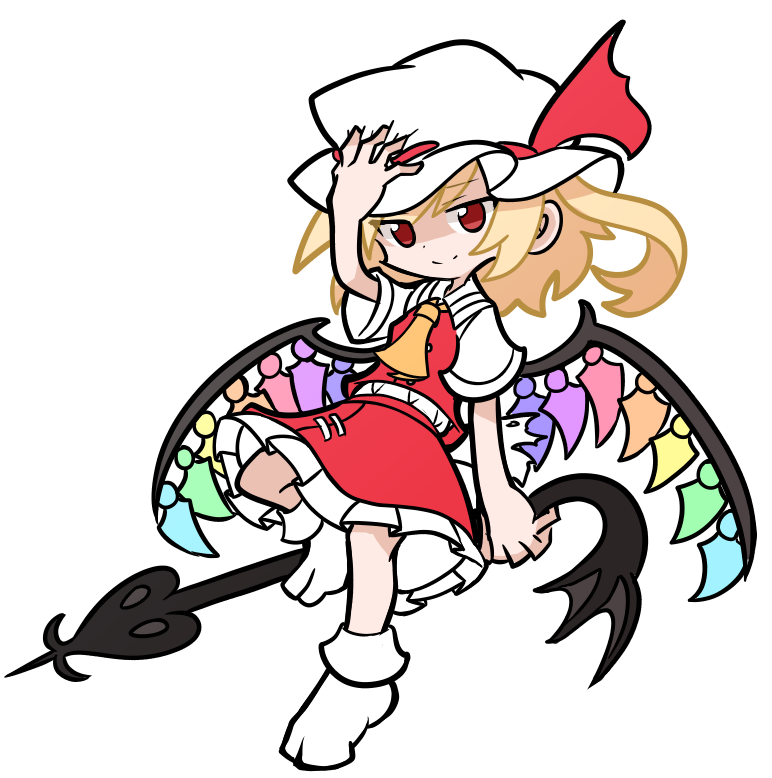 1girl ascot blonde_hair crystal flandre_scarlet full_body hand_on_headwear hat hat_ribbon laevatein_(touhou) looking_at_viewer medium_hair one_side_up puyopuyo rainbow_order red_eyes red_ribbon red_skirt red_vest ribbon shinmon_akika shirt skirt socks solo touhou vest white_headwear white_shirt white_socks wings yellow_ascot