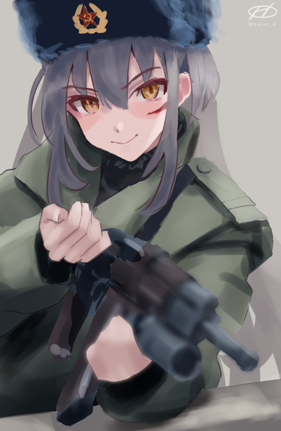 1girl alternate_costume black_headwear fur_hat gangut_(kancolle) green_jacket grey_background grey_hair gun hair_between_eyes hammer_and_sickle haruto_(harut_n) hat holding holding_gun holding_weapon jacket kantai_collection long_hair long_sleeves looking_at_viewer military one-hour_drawing_challenge orange_eyes papakha scar scar_on_cheek scar_on_face scarf simple_background smile solo weapon