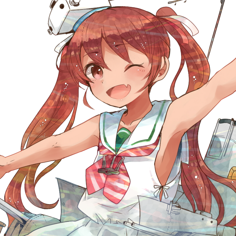 1girl blush brown_eyes brown_hair collarbone dress fang itomugi-kun kantai_collection libeccio_(kancolle) long_hair machinery neckerchief one_eye_closed open_mouth outstretched_arms rigging sailor_collar sailor_dress simple_background skin_fang sleeveless sleeveless_dress smile solo spread_arms twintails upper_body white_background white_dress white_sailor_collar