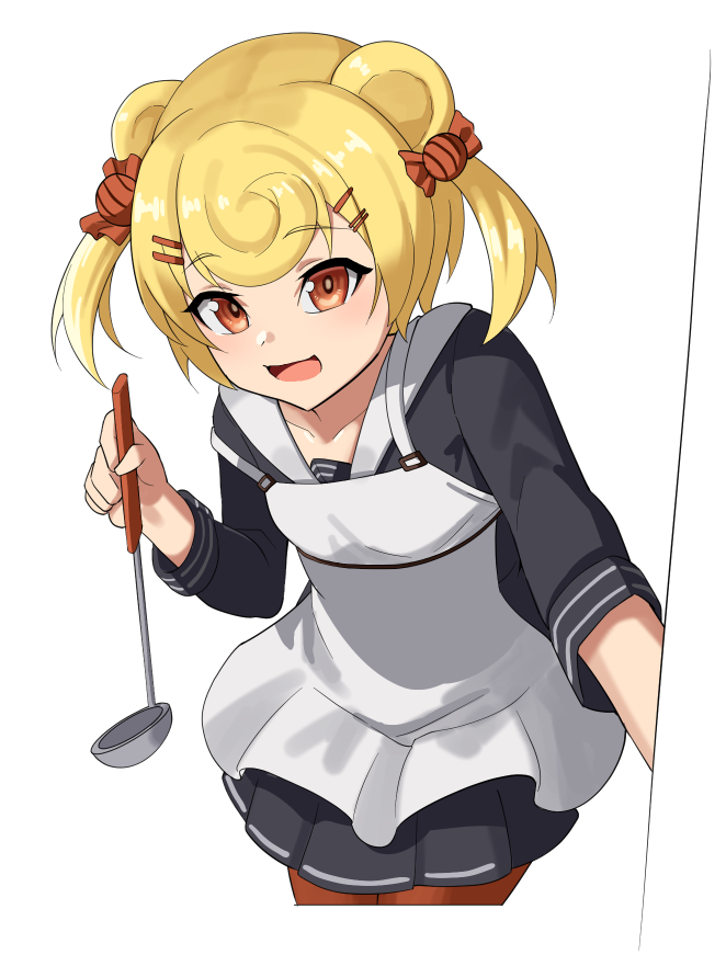 1girl :d ajidot animal_ears apron arknights bear_ears black_shirt black_skirt blonde_hair candy_hair_ornament cropped_legs food-themed_hair_ornament gummy_(arknights) hair_ornament hairclip holding ladle long_sleeves looking_at_viewer pantyhose pleated_skirt red_eyes red_pantyhose shirt simple_background skirt smile solo two_side_up white_apron white_background