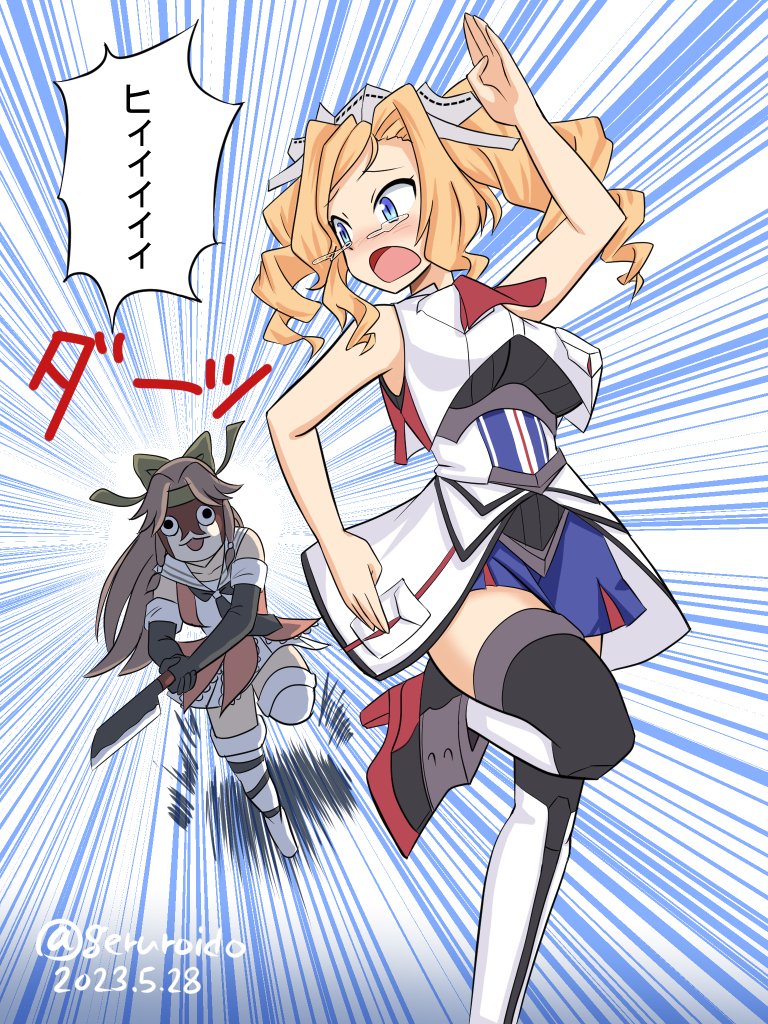 2girls bare_shoulders black_thighhighs blonde_hair blue_eyes blue_skirt blush bokukawauso bow breast_pocket breasts brown_hair c2_kikan crop_top dated dress drill_hair elbow_gloves feet_out_of_frame forehead_protector full_body geru gloves green_headband hair_bow headband holding holding_weapon honolulu_(kancolle) jintsuu_(kancolle) jintsuu_kai_ni_(kancolle) kantai_collection long_hair looking_back mask miniskirt multicolored_clothes multiple_girls pleated_skirt pocket running sailor_collar scared skirt sound_effects speech_bubble tears thigh-highs twintails twitter_username wavy_hair weapon white_sailor_collar white_thighhighs