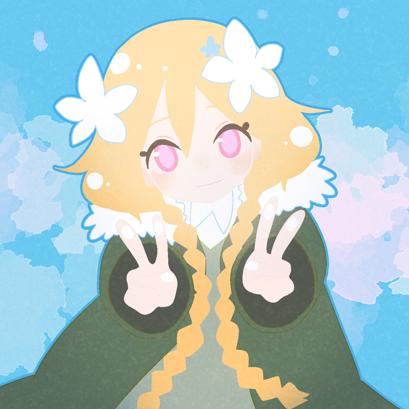 1girl blonde_hair blue_sky blush braid closed_mouth double_v flower fur-trimmed_hood fur_trim green_jacket hair_flower hair_ornament highres hood hooded_jacket jacket long_hair long_sleeves looking_at_viewer misono_chiaya pink_eyes shinbashi_seiji sky smile solo straight-on the_rolling_girls twin_braids upper_body v white_flower