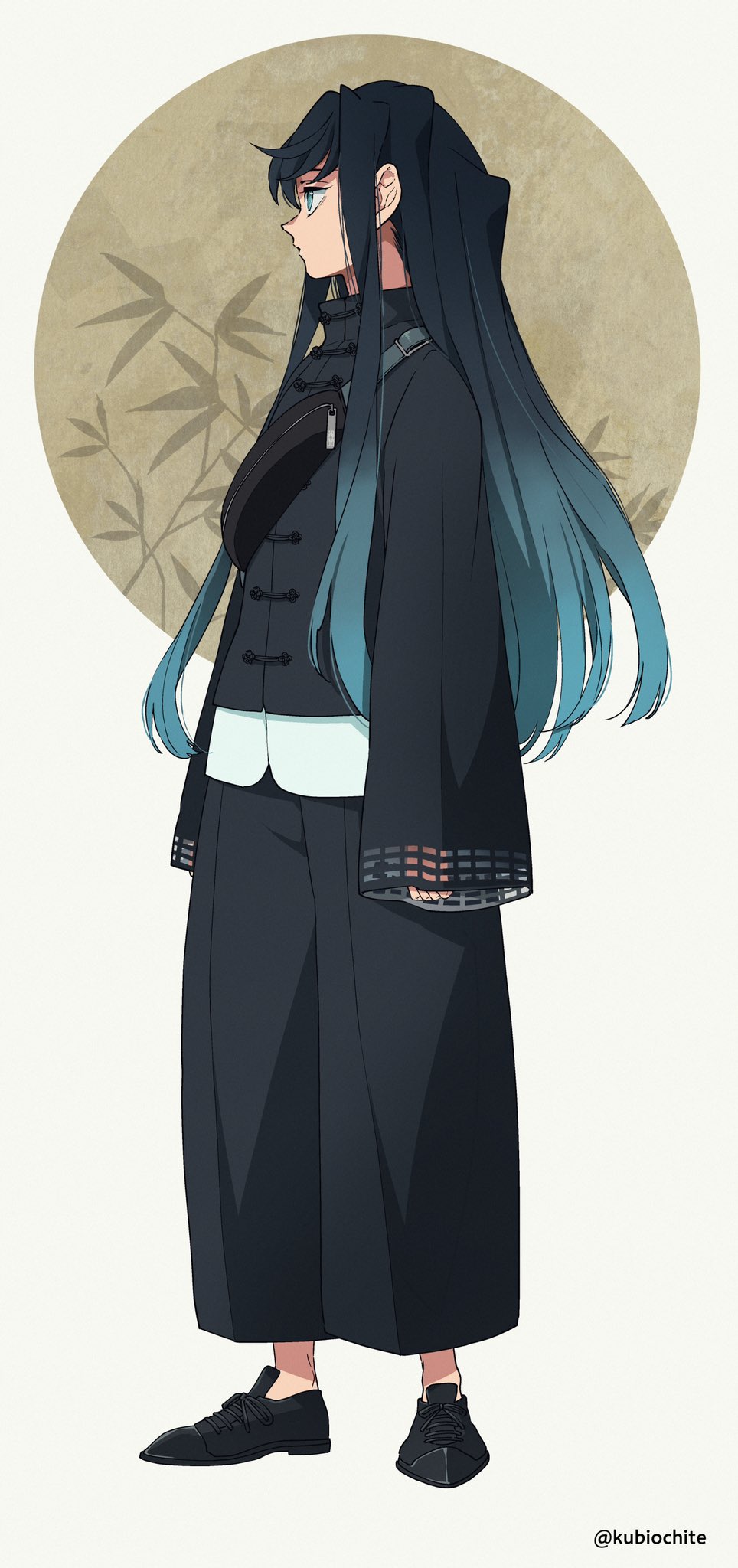 1boy adapted_costume alternate_costume aqua_eyes aqua_hair arms_at_sides bag bamboo black_footwear black_hair black_pants black_shirt chinese_clothes closed_mouth clothing_cutout contemporary dalc_rose fanny_pack full_body gradient_hair highres kimetsu_no_yaiba long_hair long_sleeves looking_away male_focus multicolored_hair pants profile shirt shoes sidelocks sleeves_past_wrists solo standing toggles tokitou_muichirou two-tone_hair white_background wide_sleeves