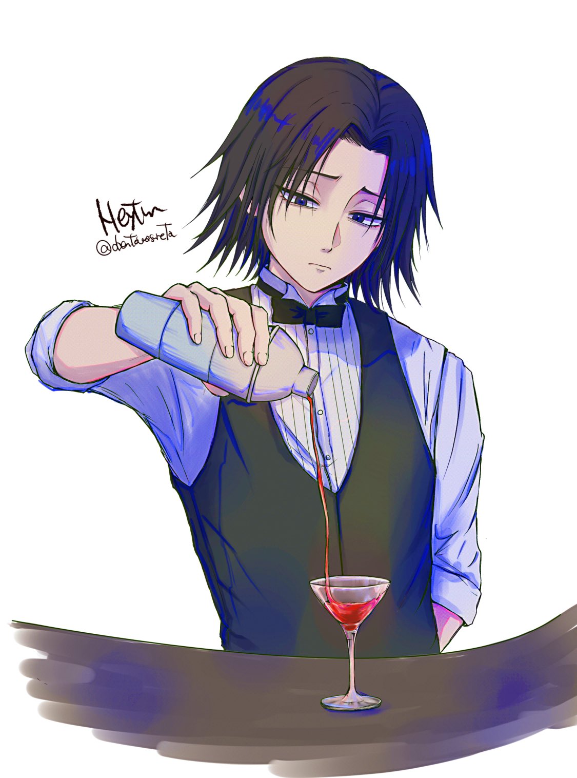 1boy alternate_costume bartender black_eyes black_vest cocktail_shaker cup drinking_glass expressionless feitan_portor highres hunter_x_hunter long_sleeves male_focus obentowasureta pouring raised_eyebrows shirt short_hair solo upper_body vest white_background wine_glass