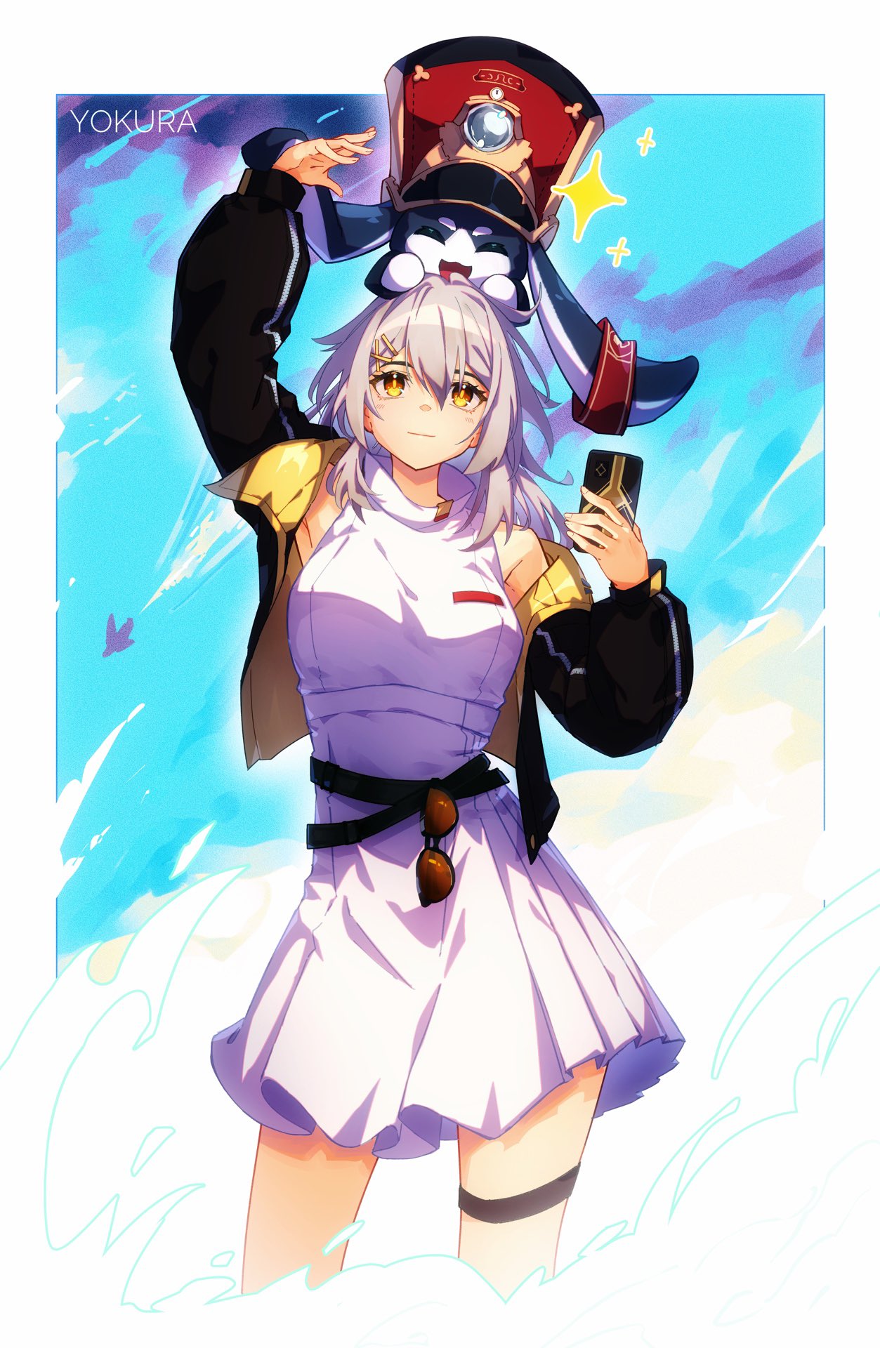 1girl 1other animal_on_head artist_name belt black_belt black_jacket blue_background border closed_mouth dress grey_hair highres holding holding_phone honkai:_star_rail honkai_(series) jacket multicolored_clothes multicolored_jacket on_head orange_eyes orange_jacket phone pom-pom_(honkai:_star_rail) purple_background rabbit smile sparkle stelle_(honkai:_star_rail) sunglasses thigh_strap trailblazer_(honkai:_star_rail) white_border white_dress yokura_(yukilina)