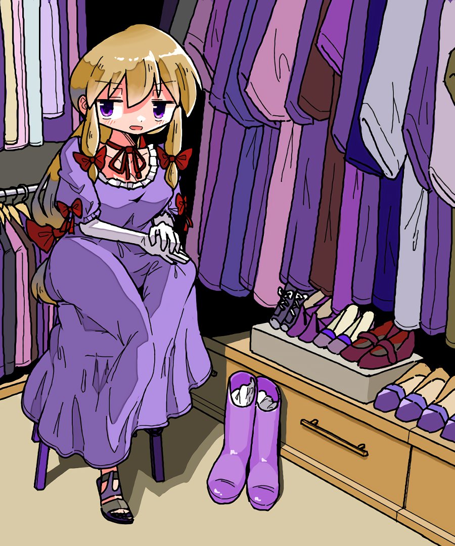 1girl black_footwear blonde_hair blush boots bow braid breasts clothes_shop dot_nose dress elbow_gloves frilled_dress frills gloves hair_between_eyes hair_bow interior kasuya_baian long_hair looking_to_the_side medium_breasts multiple_hair_bows neck_ribbon own_hands_together purple_dress red_ribbon ribbon sandals shoes shop sitting solo touhou twin_braids violet_eyes white_gloves yakumo_yukari