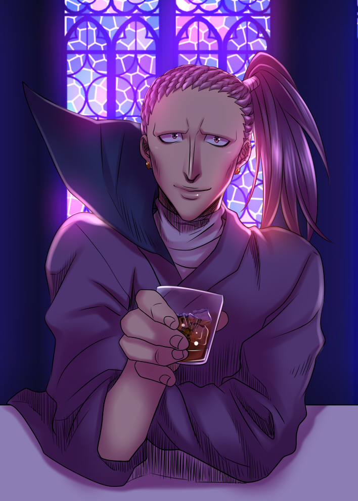 1boy cup history1357 holding holding_cup hunter_x_hunter long_hair long_sleeves looking_at_viewer male_focus no_eyebrows ponytail purple_hair shoot_mcmahon smile solo thick_lips window