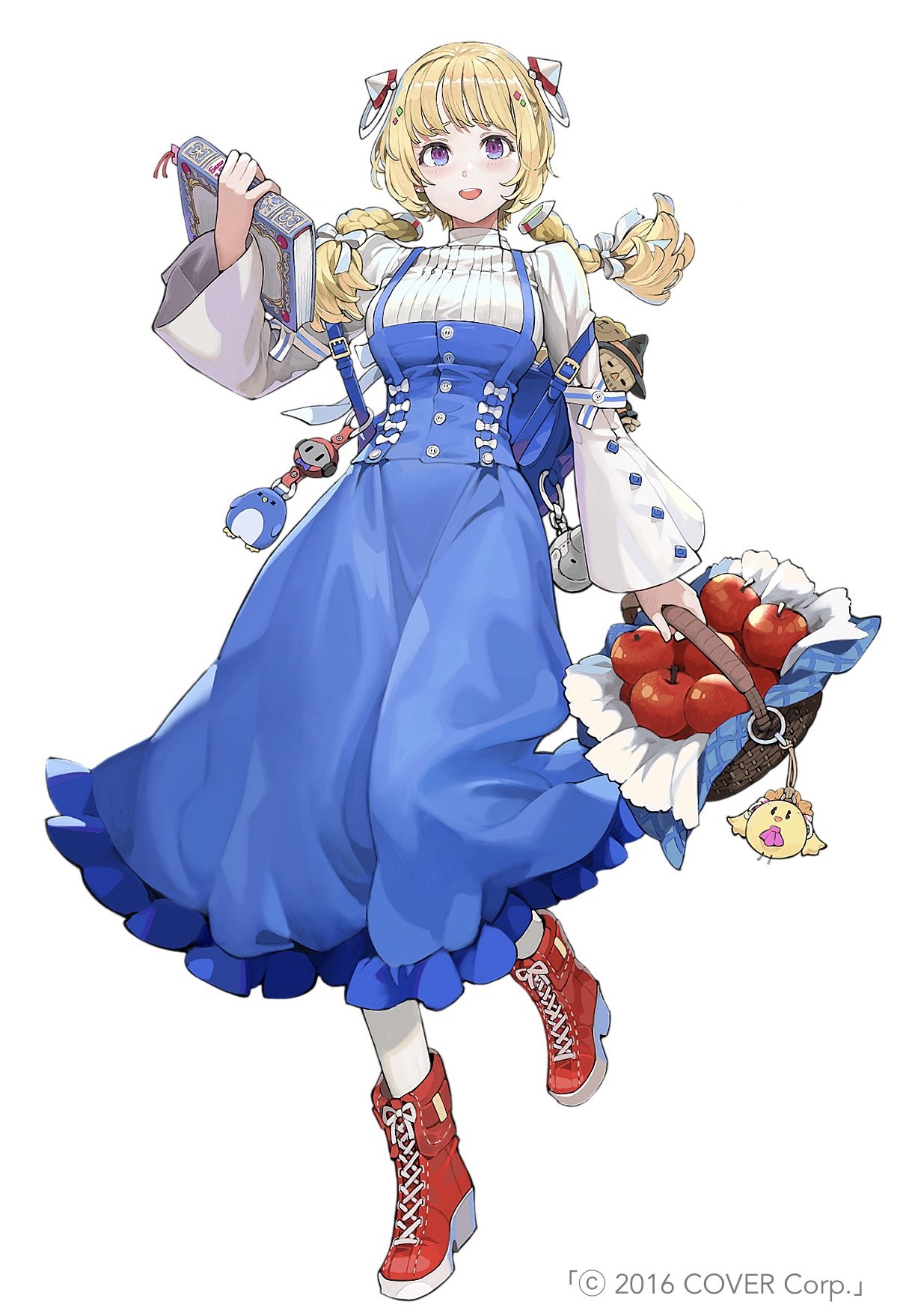 1girl aki_rosenthal alternate_costume alternate_hairstyle apple backpack bag basket blue_dress blue_skirt blush book bookmark bow braid breasts commentary cross-laced_footwear detached_hair dress food frilled_skirt frills fruit full_body hair_ornament hair_ribbon highres holding holding_basket holding_book hololive jun_(seojh1029) keychain long_hair long_skirt long_sleeves looking_at_viewer medium_breasts official_art open_mouth red_footwear ribbed_shirt ribbon rosen-tai shirt simple_background skirt smile solo standing standing_on_one_leg tress_ribbon turtleneck twin_braids twintails violet_eyes virtual_youtuber watermark white_background white_bow white_shirt wide_sleeves