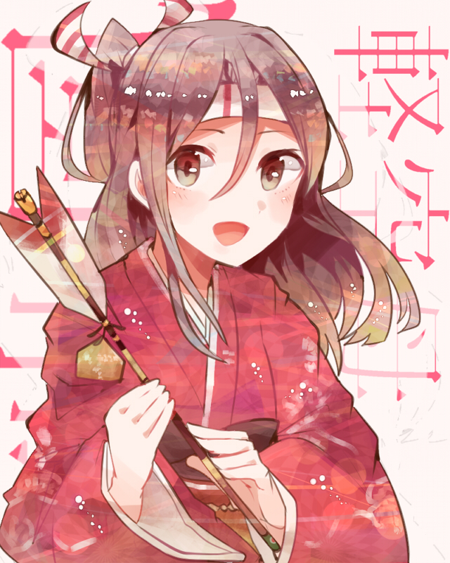 1girl arrow_(projectile) blush brown_eyes hachimaki hamaya headband high_ponytail itomugi-kun japanese_clothes kantai_collection kimono light_brown_hair long_hair long_sleeves obi open_mouth red_kimono sash smile solo upper_body wide_sleeves zuihou_(kancolle)