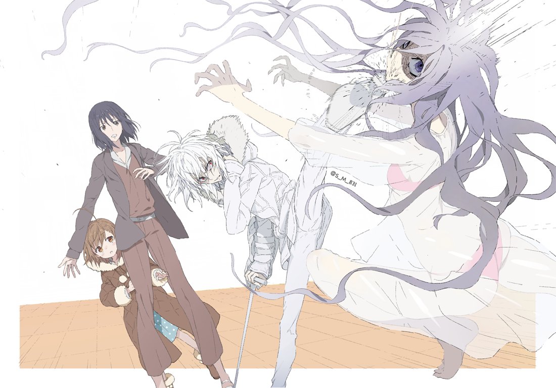 1boy 3girls accelerator_(toaru_majutsu_no_index) ahoge angry bikini black_eyes black_hair breasts brown_coat brown_eyes brown_footwear brown_hair brown_suit cane coat distress dress female_child fighting_stance formal fraulein_kreutune fur-trimmed_jacket fur_trim holding holding_cane hood hood_down jacket kicking last_order_(toaru_majutsu_no_index) long_hair long_sleeves looking_at_another motion_blur motion_lines multiple_girls official_alternate_costume pale_skin pants pink_bikini red_eyes rolling_eyes s_m_831 sanpaku see-through see-through_dress short_hair signature small_breasts suit swimsuit toaru_majutsu_no_index very_long_hair white_background white_footwear white_hair white_jacket white_pants wide_shot yoshikawa_kikyou