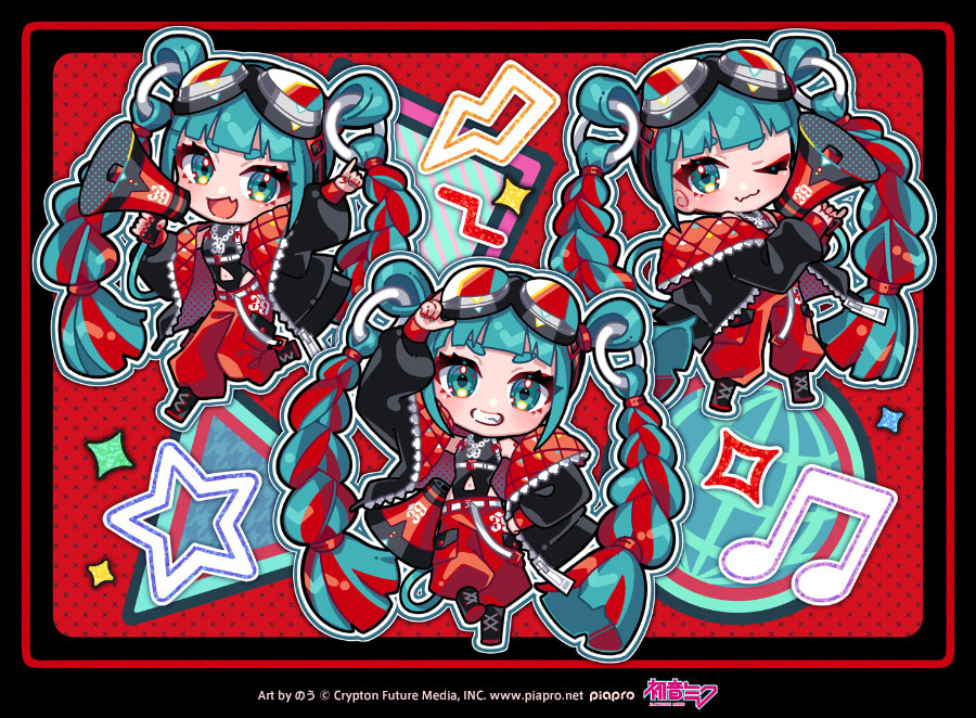 3girls :d ;) arm_up beamed_eighth_notes black_footwear black_jacket black_leotard blue_eyes blue_hair boots chibi clothing_cutout commentary cross-laced_footwear eyebrows_hidden_by_hair fang fang_out goggles goggles_on_head grin hatsune_miku holding holding_megaphone jacket lace-up_boots leotard leotard_under_clothes lightning_bolt_symbol long_hair long_sleeves magical_mirai_(vocaloid) magical_mirai_miku magical_mirai_miku_(2023) megaphone multicolored_hair multiple_girls multiple_persona musical_note navel navel_cutout nou_(nounknown) one_eye_closed open_clothes open_jacket pants puffy_long_sleeves puffy_pants puffy_sleeves red_pants redhead short_eyebrows sleeves_past_wrists smile star_(symbol) streaked_hair thick_eyebrows twintails very_long_hair vocaloid