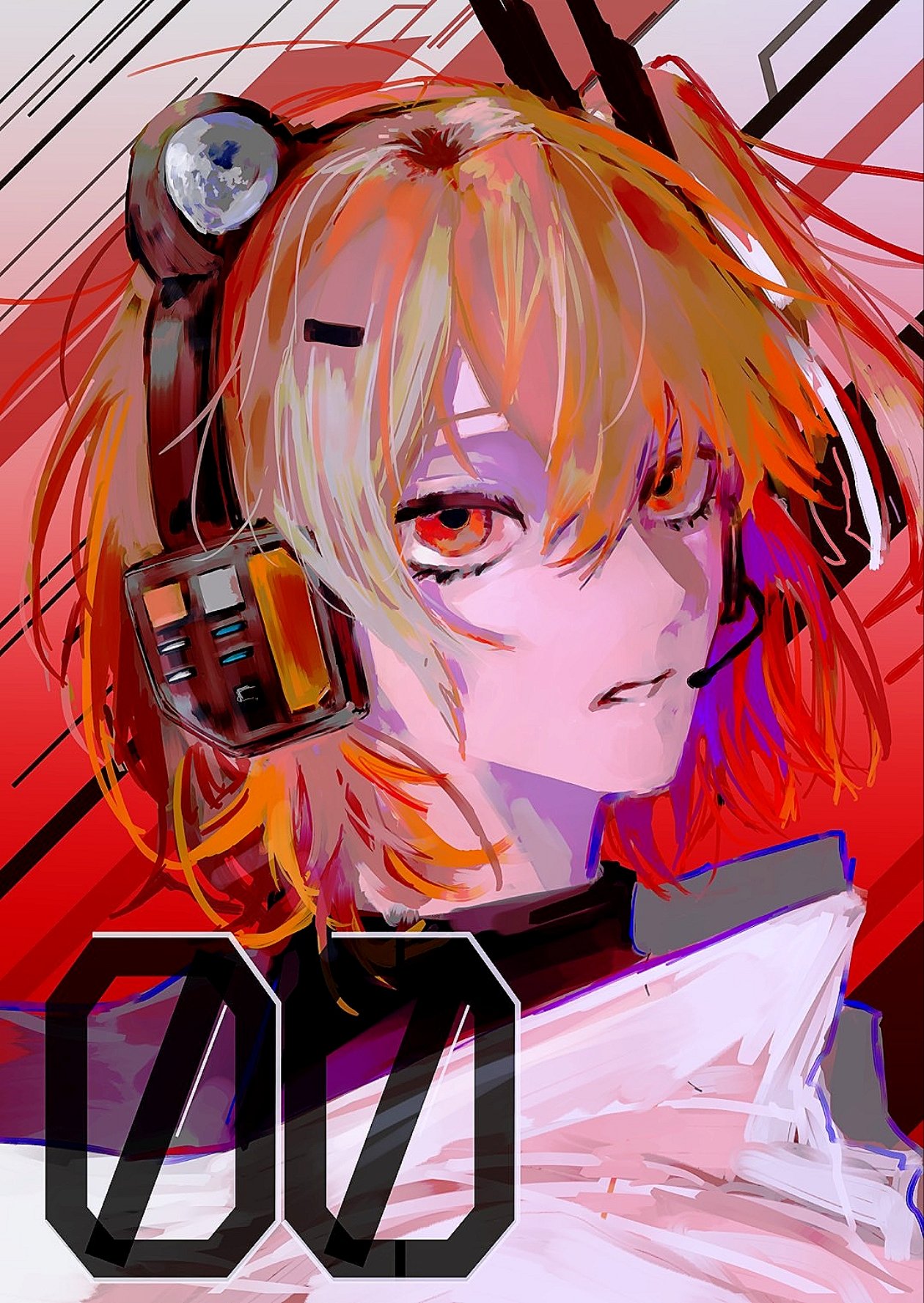 1girl a.i._voice adachi_rei black_shirt commentary from_side gradient_background hair_ornament hairclip headlamp headset highres hood hood_down hooded_jacket jacket looking_at_viewer messy_hair microphone one_side_up orange_eyes orange_hair parted_lips portrait radio_antenna red_background sanpaku shinra_(qrkf_uhe) shirt short_hair solo turtleneck utau white_jacket