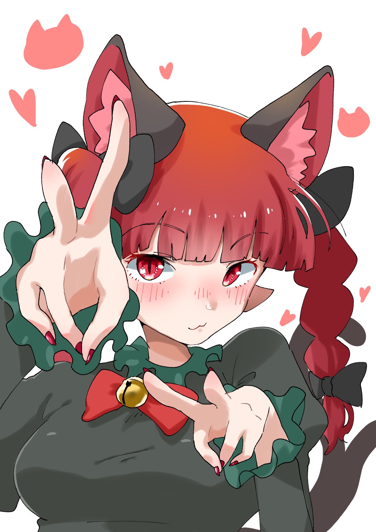 1girl :3 bell blunt_bangs bow bowtie closed_mouth heart heart_background highres jingle_bell kaenbyou_rin long_hair looking_at_viewer nail_polish red_bow red_bowtie red_eyes red_nails redhead simple_background slit_pupils sobayu_to_tenpura solo touhou upper_body white_background