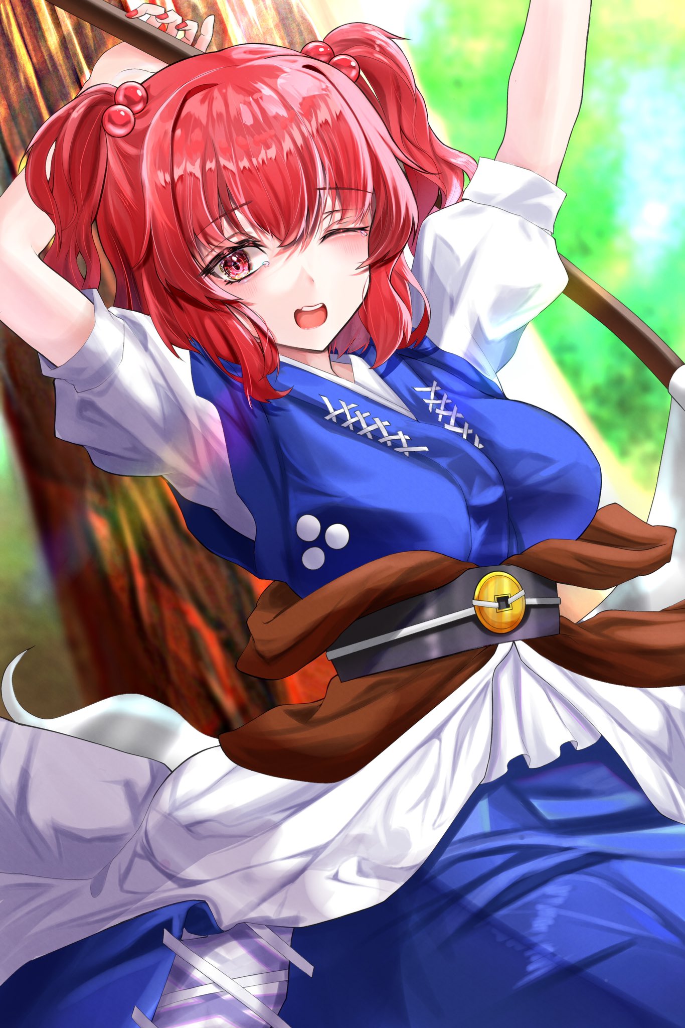 1girl ;o blue_dress breasts coin commentary_request dress hair_bobbles hair_ornament highres holding holding_scythe looking_at_viewer nyarocks obi one_eye_closed onozuka_komachi open_mouth red_eyes sash scythe short_sleeves solo touhou two_side_up