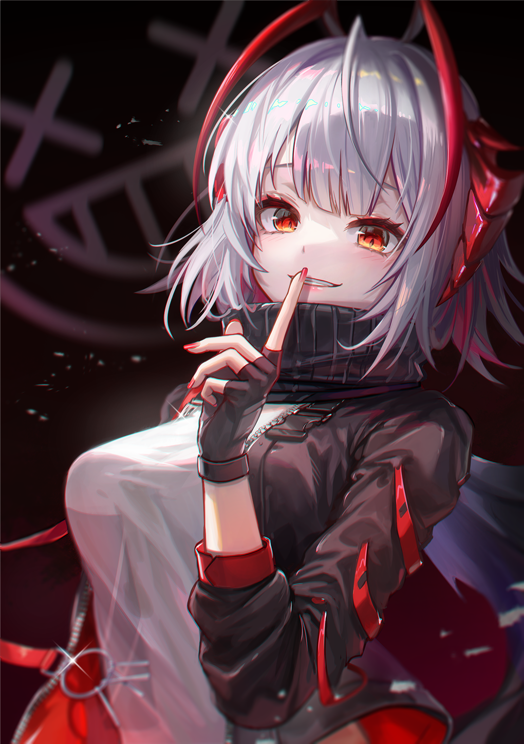 1girl antennae arknights black_jacket black_scarf demon_girl demon_horns finger_to_mouth grey_hair grey_shirt grin highres horns jacket kyusoukyu looking_at_viewer medium_hair open_clothes open_jacket red_eyes red_jacket red_nails scarf shirt shushing smile solo two-sided_fabric two-sided_jacket upper_body w_(arknights)