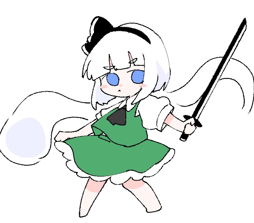 1girl :&lt; barefoot black_bow black_bowtie black_hairband black_ribbon blue_eyes blush bob_cut bow bow_hairband bowtie closed_mouth collared_shirt frilled_skirt frills frown full_body green_skirt green_vest hair_ribbon hairband katana konpaku_youmu konpaku_youmu_(ghost) looking_to_the_side pino5563 puffy_short_sleeves puffy_sleeves ribbon shirt short_hair short_sleeves simple_background skirt skirt_set solid_eyes solo sword thick_eyebrows touhou vest weapon white_background white_hair white_shirt youmu_day