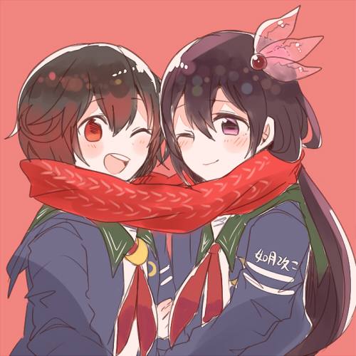 2girls black_cardigan blush brown_hair cardigan closed_mouth clothes_writing crescent crescent_pin green_sailor_collar hair_between_eyes hair_ornament itomugi-kun kantai_collection kisaragi_(kancolle) kisaragi_kai_ni_(kancolle) long_hair lowres multiple_girls mutsuki_(kancolle) mutsuki_kai_ni_(kancolle) neckerchief one_eye_closed open_cardigan open_clothes open_mouth pink_background red_eyes red_neckerchief red_scarf sailor_collar scarf school_uniform serafuku shared_clothes shared_scarf simple_background smile upper_body violet_eyes