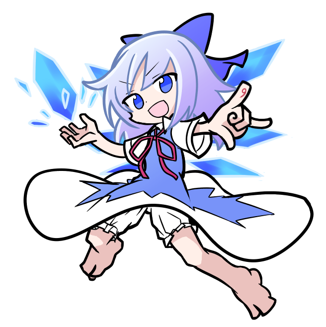 1girl :d bloomers blue_bow blue_dress blue_eyes blue_hair bow cirno detached_wings dress full_body hair_bow ice ice_wings light_blue_hair looking_at_viewer open_mouth puyopuyo shinmon_akika short_hair short_sleeves simple_background smile solo touhou underwear v-shaped_eyebrows white_background wings