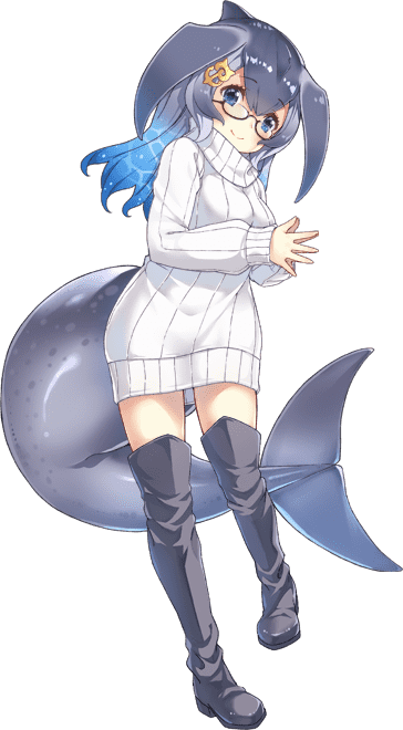 1girl blue_eyes blue_hair blue_whale_(kemono_friends) boots cetacean_tail closed_mouth fins fish_tail game_cg glasses hair_ornament kemono_friends kemono_friends_kingdom long_hair looking_at_viewer official_art solo sweater tachi-e tail transparent_background whale_girl
