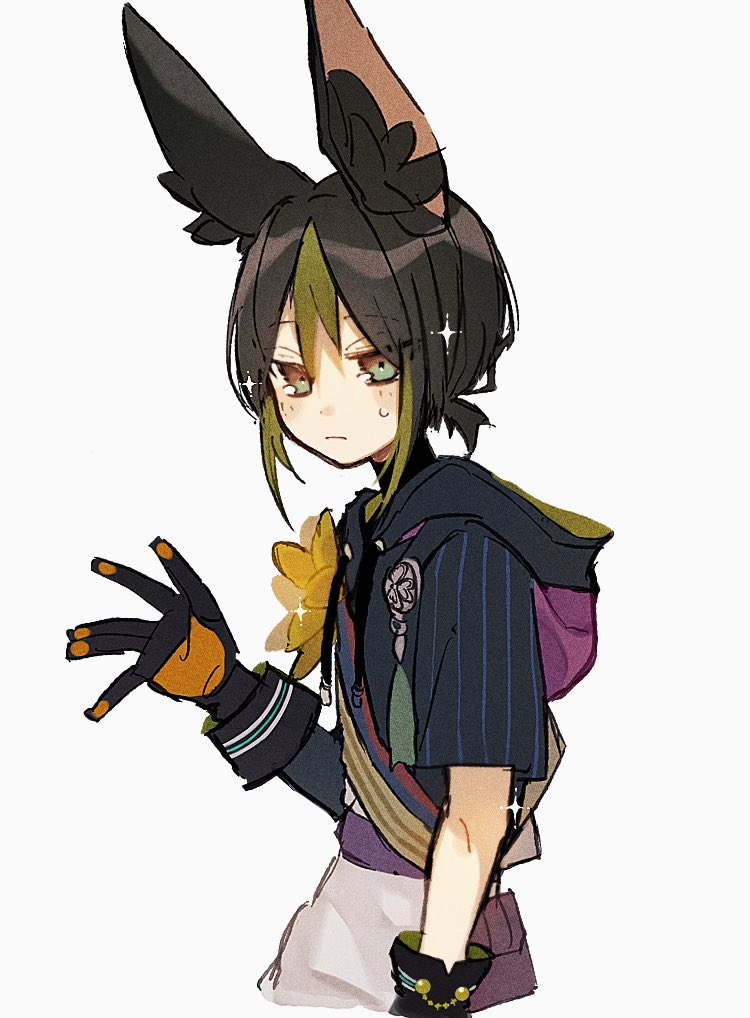 1boy animal_ears black_capelet black_gloves black_hair blush brown_eyes capelet closed_mouth dax00 flower fox_boy fox_ears genshin_impact gloves green_eyes hood hood_down light_green_hair low_ponytail male_focus multicolored_eyes multicolored_hair short_ponytail short_sleeves solo sweat tighnari_(genshin_impact) waving white_background yellow_flower