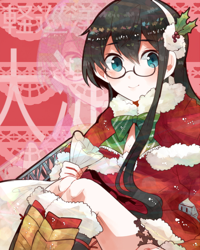 1girl black_hair blue_eyes blush boots capelet christmas dress glasses itomugi-kun kantai_collection long_hair looking_away ooyodo_(kancolle) red_background red_dress ribbon sack semi-rimless_eyewear smile solo under-rim_eyewear