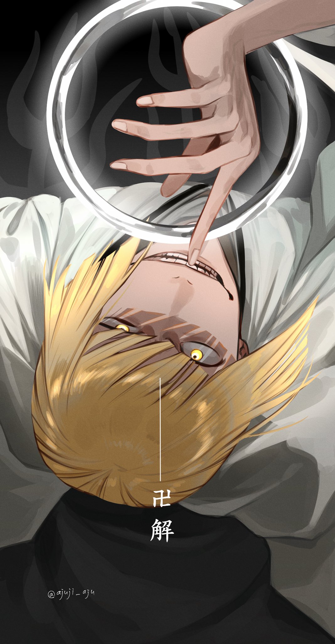 1boy ajuji_aju bleach blonde_hair blunt_bangs highres hirako_shinji japanese_clothes kimono looking_at_viewer male_focus open_mouth shaded_face short_hair smile twitter_username upside-down white_kimono yellow_eyes zanpakutou