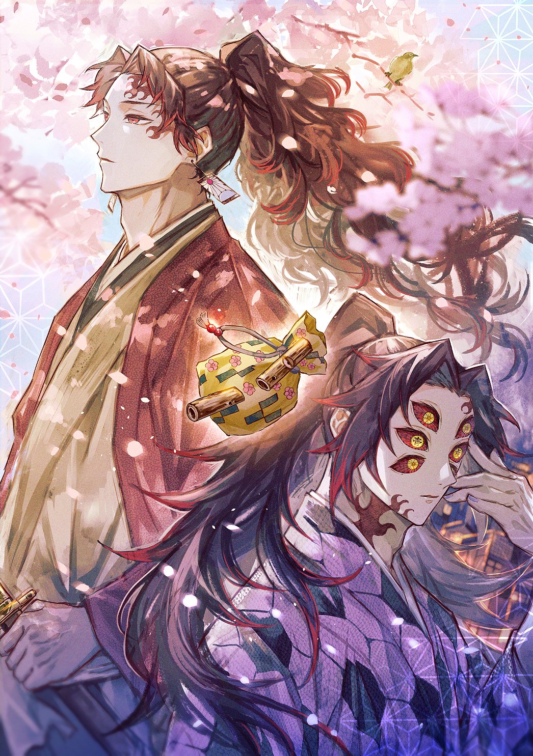 2boys asa_no_ha_(pattern) bag black_hair blurry blurry_foreground branch cherry_blossoms closed_mouth colored_sclera commentary_request earrings expressionless extra_eyes facial_mark falling_petals floating_hair hanafuda hanafuda_earrings hand_up haori high_ponytail highres holding holding_sword holding_weapon honeycomb_(pattern) jacket japanese_clothes jewelry kimetsu_no_yaiba kimono kinchaku kokushibou long_hair long_sleeves looking_away male_focus multicolored_hair multiple_boys open_clothes oyumai parted_bangs petals ponytail pouch purple_kimono red_eyes red_jacket red_sclera redhead sidelocks sword text_in_eyes tsugikuni_yoriichi upper_body weapon wide_sleeves yellow_eyes