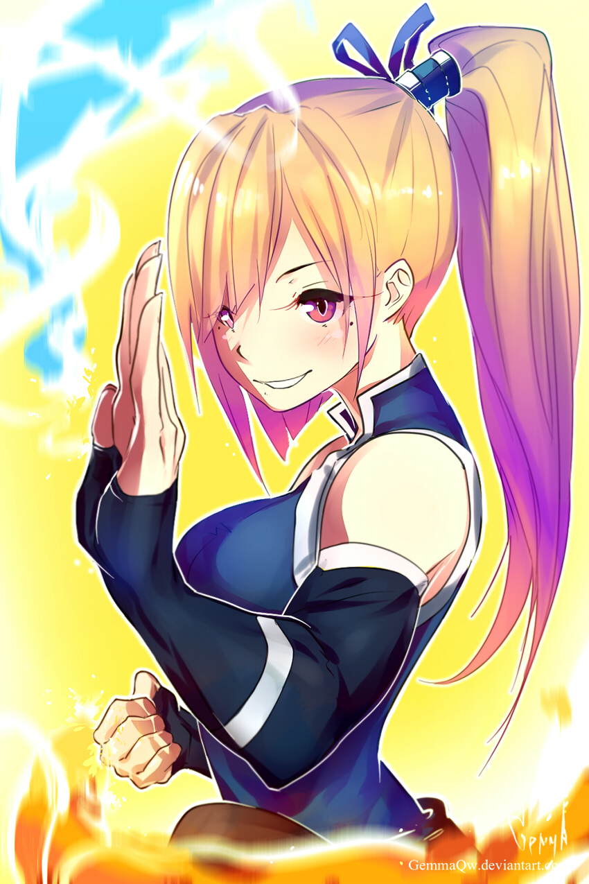 1girl avatar_legends blonde_hair clenched_hands cosplay deviantart_username fire gemmaqw highres kawakami_mai korra korra_(cosplay) martial_arts musaigen_no_phantom_world ponytail raised_fist smirk the_legend_of_korra violet_eyes water wind yellow_background