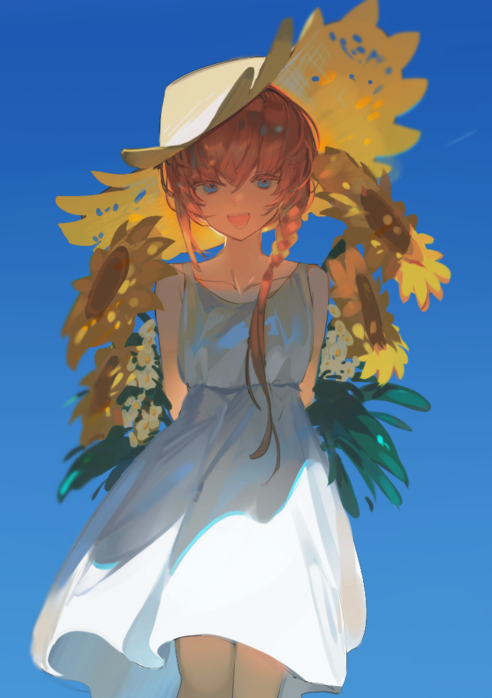 1girl 9472 alternate_costume arms_behind_back blue_eyes blue_sky bouquet braid collarbone commentary_request contrail crossed_bangs day dress fate/grand_order fate_(series) feet_out_of_frame flower hair_over_shoulder half-closed_eyes hat holding holding_bouquet long_hair looking_at_viewer open_mouth orange_hair outdoors shade side_braid sky sleeveless sleeveless_dress smile solo spaghetti_strap standing straw_hat sundress sunflower sunlight van_gogh_(fate) white_dress white_flower wind wind_lift