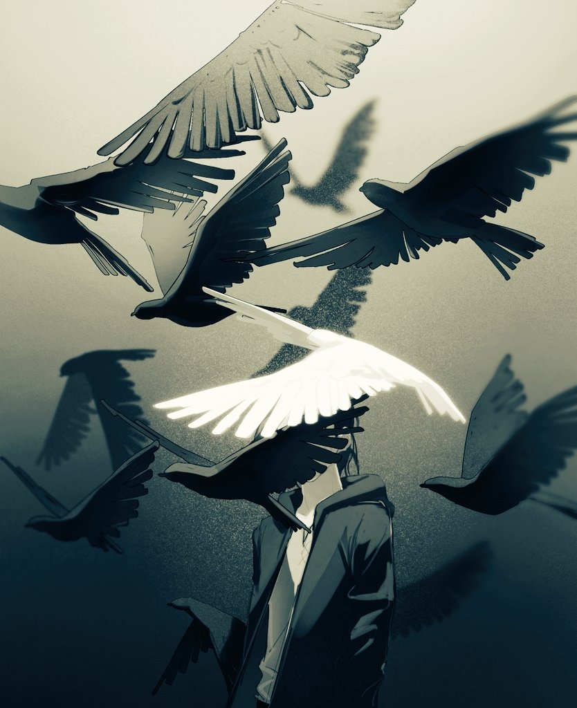 1boy animal bird covered_face eren_yeager facing_viewer gaiyonghuyoudu141 gradient_background hood hooded_jacket jacket long_sleeves male_focus monochrome odd_one_out open_clothes open_jacket shingeki_no_kyojin spot_color upper_body