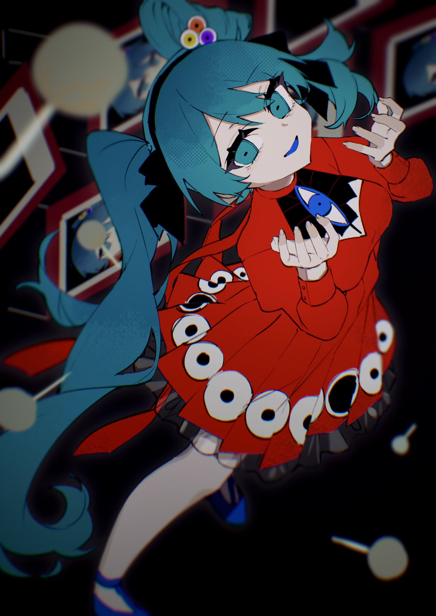 1girl blue_eyes blue_footwear blue_hair blue_tongue colored_tongue dress eye_hair_ornament eye_print from_above hatsune_miku head_tilt highres juliet_sleeves long_hair long_sleeves looking_at_viewer psi_(vocaloid) puffy_sleeves red_dress shoes smile solo tsuchinoko_(tutituti0125) twintails very_long_hair vocaloid