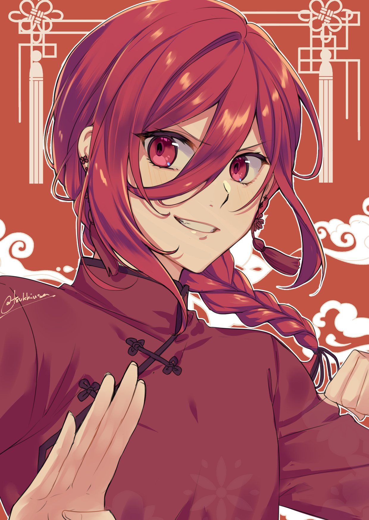 1boy blue_lock braid braided_ponytail chigiri_hyoma chinese_clothes earrings grin hands_up highres jewelry long_hair looking_at_viewer male_focus red_background red_eyes red_shirt redhead shirt single_braid smile solo teeth tsukky upper_body